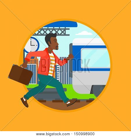 An african latecomer man running along the platform to reach the train. Man came too late at train station. Man chasing train. Vector flat design illustration in the circle isolated on background.