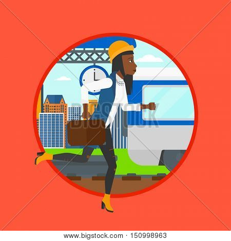 An african latecomer woman running along the platform to reach the train. Woman came too late at train station. Woman chasing train.Vector flat design illustration in the circle isolated on background