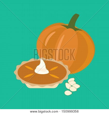 Pumpkin pie illustration on the green background. Vector illustration