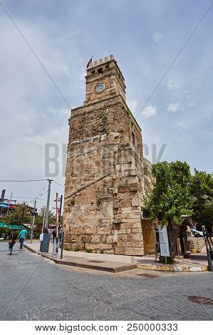 Clock Tower In The Historic Part Of Antalya Kaleici Timelapse Hyperlapse, Turkey. View Before Sunset