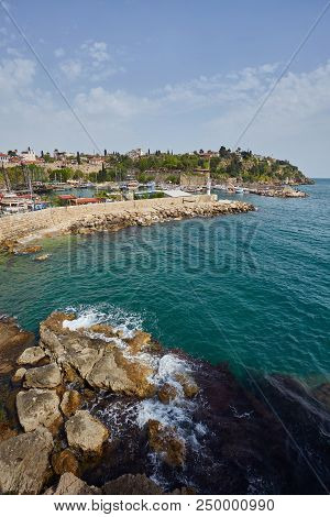 Aerial View Of Yacht Harbor And Red House Roofs In Old Town Timelapse Antalya, Turkey. Marine Bay At