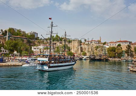 Aerial View Of Yacht Harbor And Red House Roofs In Old Town Timelapse Antalya, Turkey. Marine Bay At
