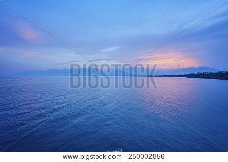 Mediterranean Sea. View Of The Sea From The Resort Town Of Kemer, Antalya, Turkey. Sunset Over The T