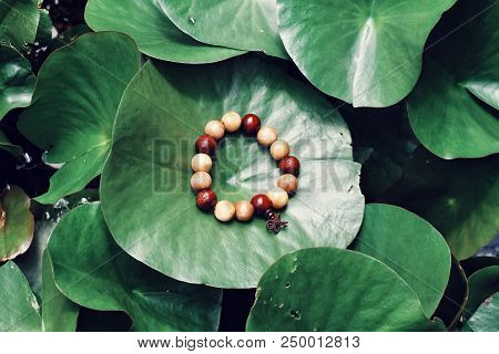 Wooden Mala Bead Bracelet Laying On A Lily Pad.