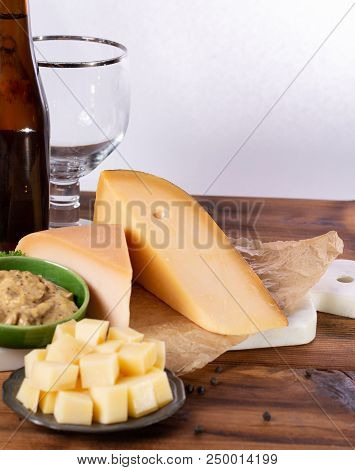 Famous Dutch Finger Food Usually Served With Glass Of Beer, Cubes Hard Old Dutch Cow And Goat Cheese