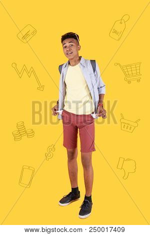 No Money. Emotional Student Losing His Scholarship And Showing His Empty Pockets But Staying Optimis