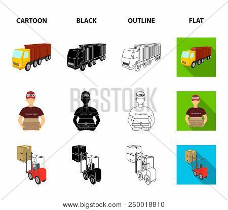 Truck, Courier For Delivery Of Pizza, Forklift, Storage Room. Logistics And Delivery Set Collection 