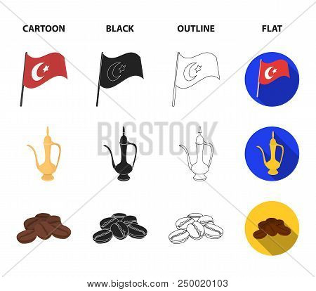 House Hive, National Flag, Coffee Pot Copper, Grains Coffee.turkey Set Collection Icons In Cartoon, 