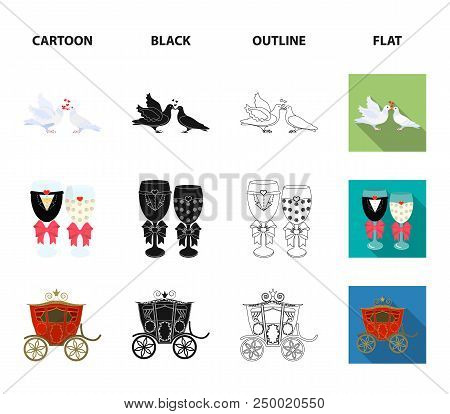 Wedding And Attributes Cartoon , Flat, Outline, Black Icons In Set Collection For Design.newlyweds A