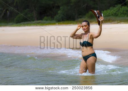 Woman Body Pretty With Bikini Hat And Wave On Beach At Bang Beot Beach, Chumphon Province Thailand