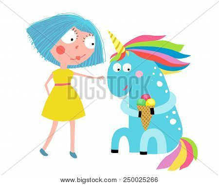 Little Girl Pets Colorful Unicorn With Ice Cream, Fun Childish Illustration. Vector Cartoon.