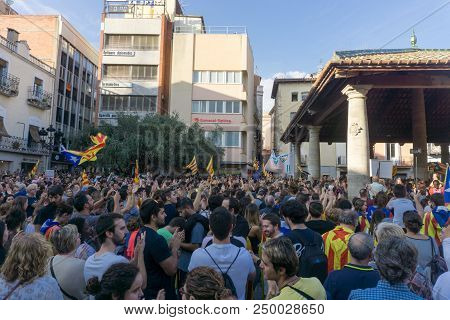 Cardedeu, Catalonia, Spain, October 3, 2017: Paceful People Cutting Off The Highway Ap-7 In Protest 