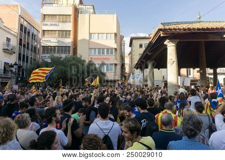 Cardedeu, Catalonia, Spain, October 3, 2017: Paceful People Cutting Off The Highway Ap-7 In Protest 