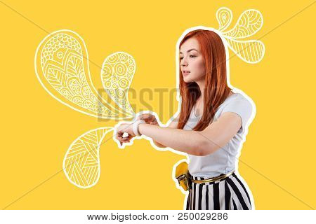 Convenient Watch. Progressive Parent Feeling Confident While Using A Modern Smart Watch For Controll