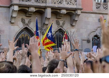 Cardedeu, Catalonia, Spain, October 3, 2017: Paceful People Cutting Off The Highway Ap-7 In Protest 