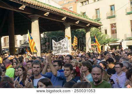 Cardedeu, Catalonia, Spain, October 3, 2017: Paceful People Cutting Off The Highway Ap-7 In Protest 