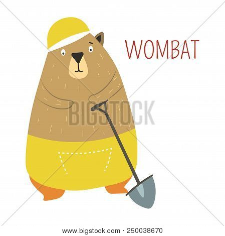 Wombat In Cartoon Funny Cute Shorts And Cap With Spade From Vector Australian Or New Zealand Animals