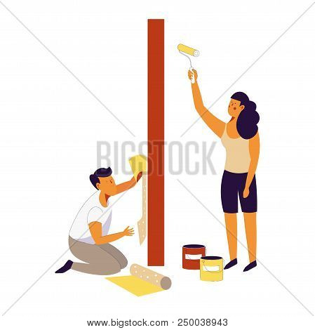 Couple Does Repairs At Home And Change Wallpapers. Woman With Roller And Paint Cans, Man With Roll O