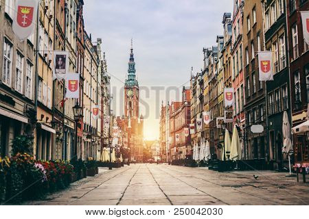 Old Town in Gdansk, Poland - Dluga Street. Travel destinations. Sunrise.