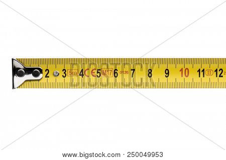 Yellow tape measure tool, isolated on white background