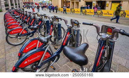 London, United Kingdom - May 12 2018: Santander Cycles Known As Boris Bikes, After Boris Johnson, Wh