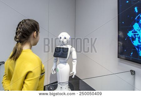 Vantaa, Helsinki, Finland - MarСh 30, 2018: Pepper Robot, Assistant With Information Screen At Heure