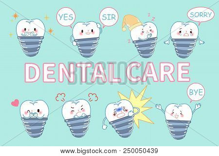 Cute Cartoon Implant Tooth On The Breen Background