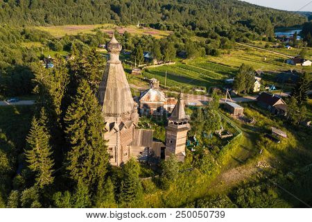 Top view of the Church of St. Nicholas (built 1696) in Soginicy village. Green forests of Leningrad region and Republic of Karelia, Russia.