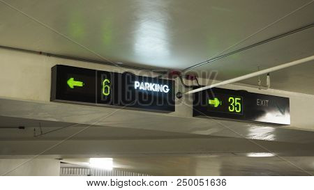 Digital Parking Signs With Showed Available Space By Green Color.