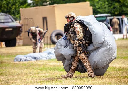 Feldkirchen / Germany - June 9, 2018: Paratrooper From Bundeswehr, German Army Lands On An Open Day 