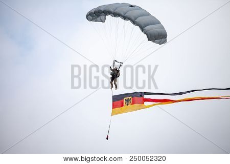 Feldkirchen / Germany - June 9, 2018: Paratrooper From Bundeswehr, German Army Lands On An Open Day 