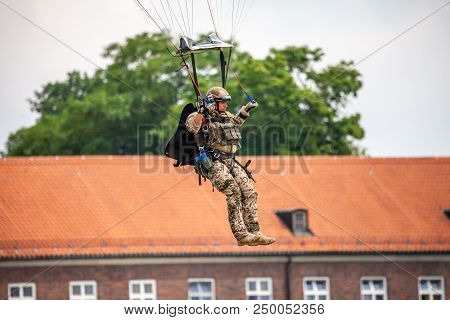 Feldkirchen / Germany - June 9, 2018: Paratrooper From Bundeswehr, German Army Lands On An Open Day 