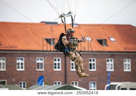 Feldkirchen / Germany - June 9, 2018: Paratrooper From Bundeswehr, German Army Lands On An Open Day 