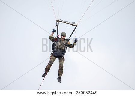 Feldkirchen / Germany - June 9, 2018: Paratrooper From Bundeswehr, German Army Lands On An Open Day 