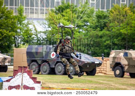 Feldkirchen / Germany - June 9, 2018: Paratrooper From Bundeswehr, German Army Lands On An Open Day 