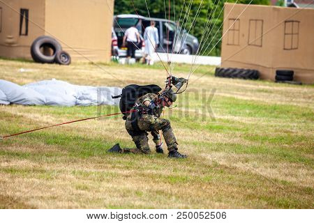 Feldkirchen / Germany - June 9, 2018: Paratrooper From Bundeswehr, German Army Lands On An Open Day 