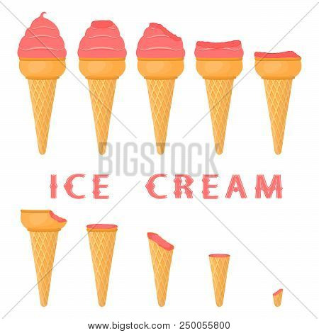 Vector Illustration For Natural Pomegranate Ice Cream On Waffle Cone. Ice Cream Pattern Consisting O
