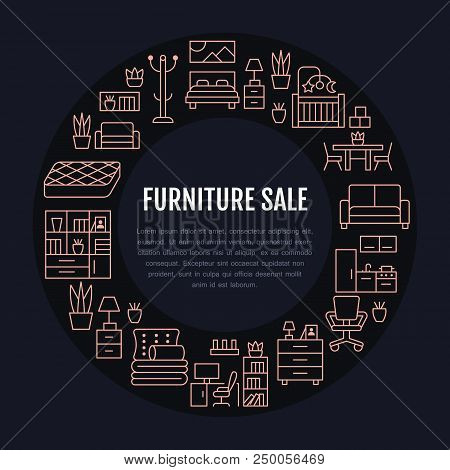Furniture Sale Banner Illustration With Flat Line Icons. Living Room, Bedroom, Home Office Chair, Ki