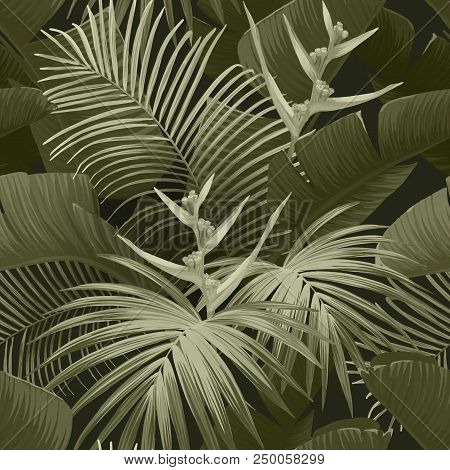 Exotic Tropical Background With Hawaiian Plants And Flowers. Seamless Khaki Neo Camo Pattern With Ba