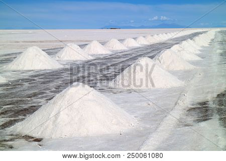 Piles Of The Drying Salt On The Uyuni Salt Flats Or Salar De Uyuni, Potosi, Bolivia, South America