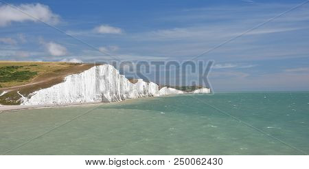 The White, Chalk Seven Sisters Cliffs From The Path Above Cuckmere Haven In East Sussex, Uk