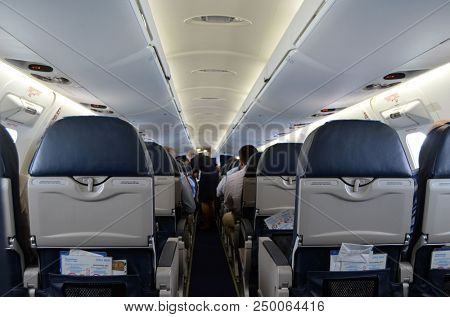 View in the passenger cabin of the Nordica liner during the flight Tallinn-Oslo. June 13,2018. Tallinn,Estonia