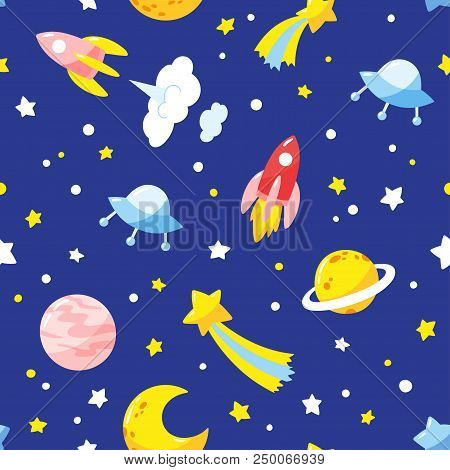 Seamless Pattern With Cute Cartoon Kosmic Objects. Vector Template.