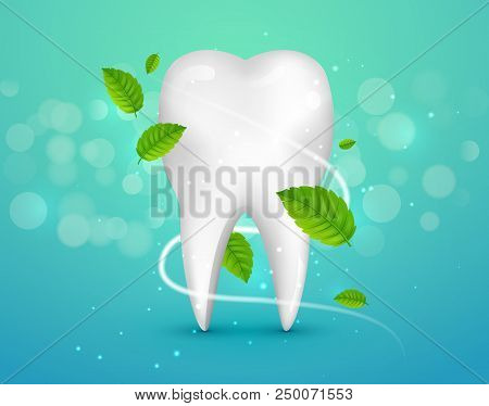 Whitening Tooth Ads, With Mint Leaves On Green Background. Green Mint Leaves Clean Fresh Concept. Te