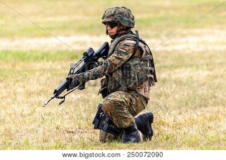 Feldkirchen / Germany - June 9, 2018: German Soldier On An Exercise At Open Day On Day Of The Bundes