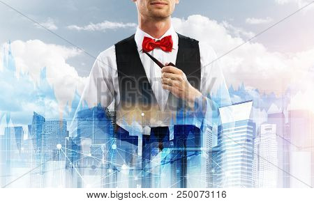 Double Exposure Of Confident And Young Businessman In Smart-casual Wear Smoking Pipe And Modern City