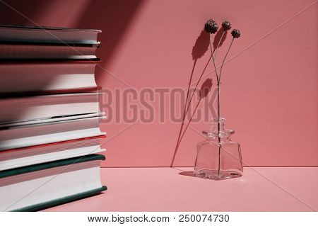 Books And A Small Flower In A Glass Vase On A Pink Background