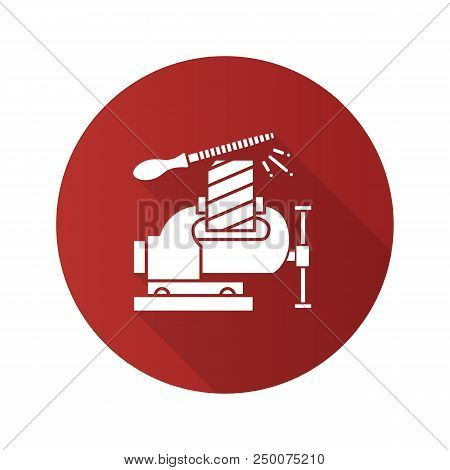 Bench Vice Fixing Wooden Plank Flat Linear Long Shadow Icon. Leg Vice And Metal File. Vector Outline