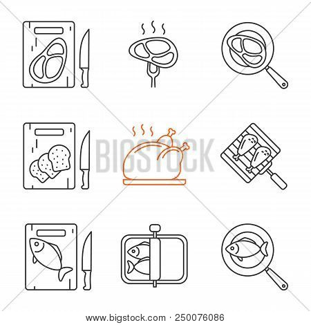 Food Preparation Linear Icons Set. Cutting Boards With Bread, Meat And Fish, Frying Salmon And Meat 
