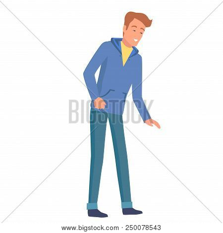 Man In Blue Hoodie And Jeans Smiles And Leans Forward Isolated On White Background. Cartoon Characte